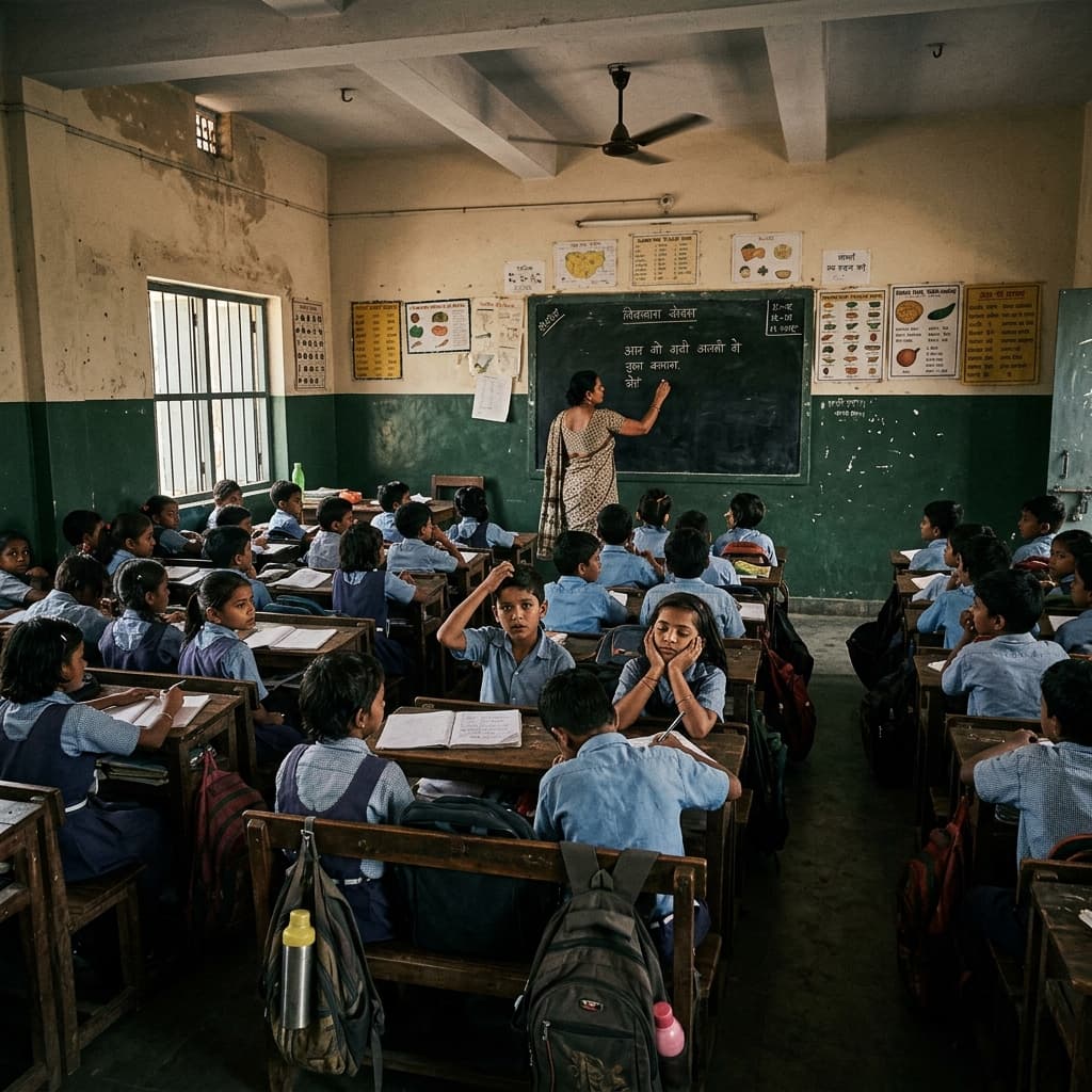 Overcrowded classroom with a single teacher and many students