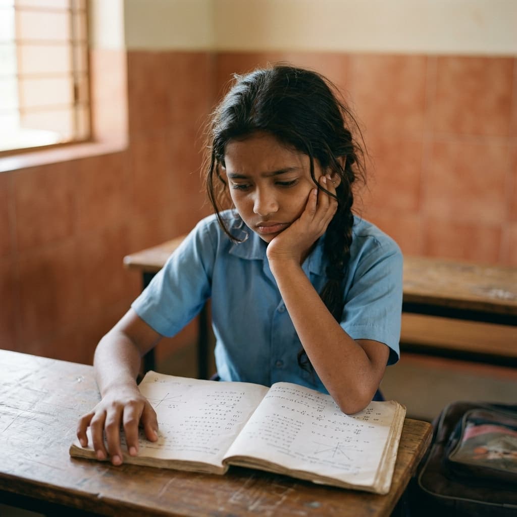 A student looking confused and discouraged while studying alone