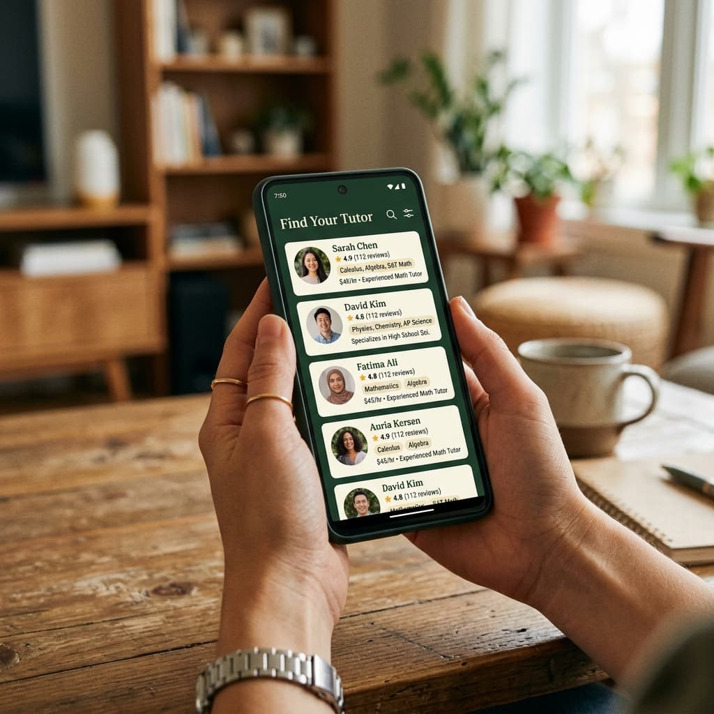 Browsing verified tutor profiles on a smartphone