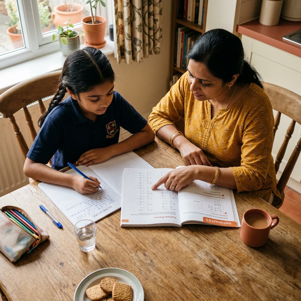 A tutor and student studying together at a kitchen table