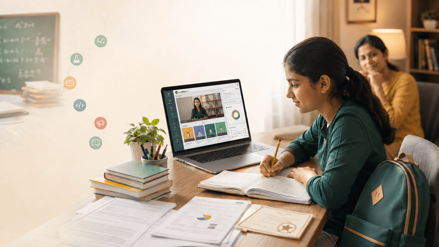 A tutor and student studying together at a kitchen table
